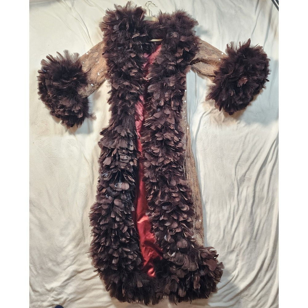 Vintage Les Wilk Snakeskin Print Sequin Duster Robe Real Feather Trim Brown Rare